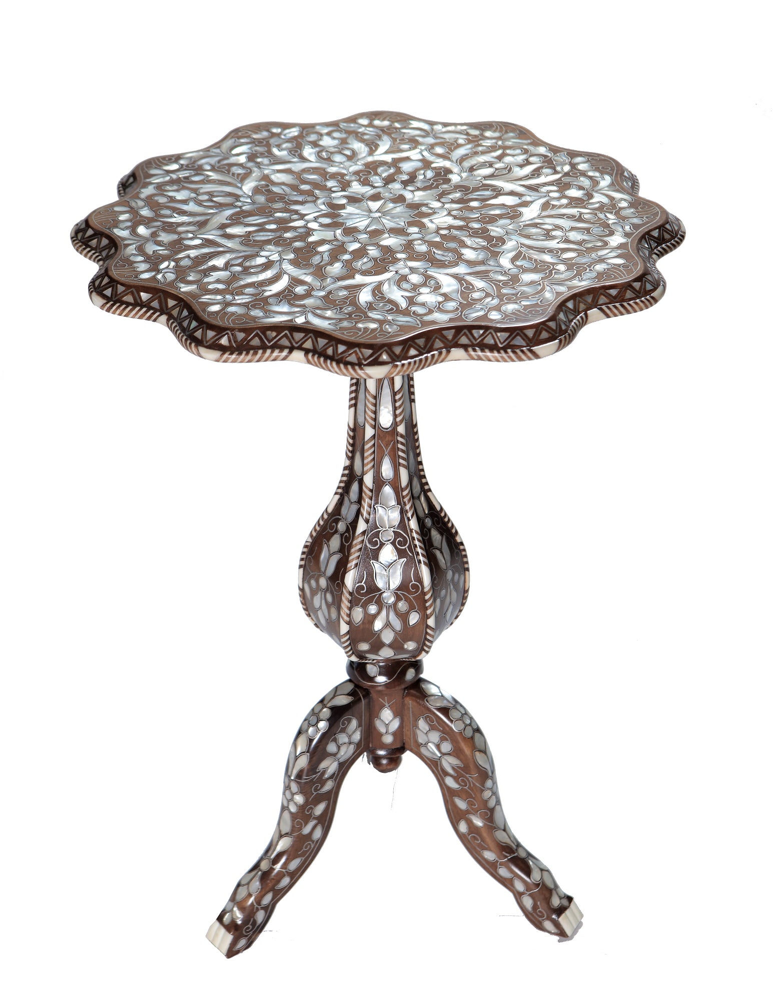 Table Flower Solid Walnut Wood Inlay Seashell Mother Of Pearl With Tin , With Marble/Wood With Mother Of Pearl Top