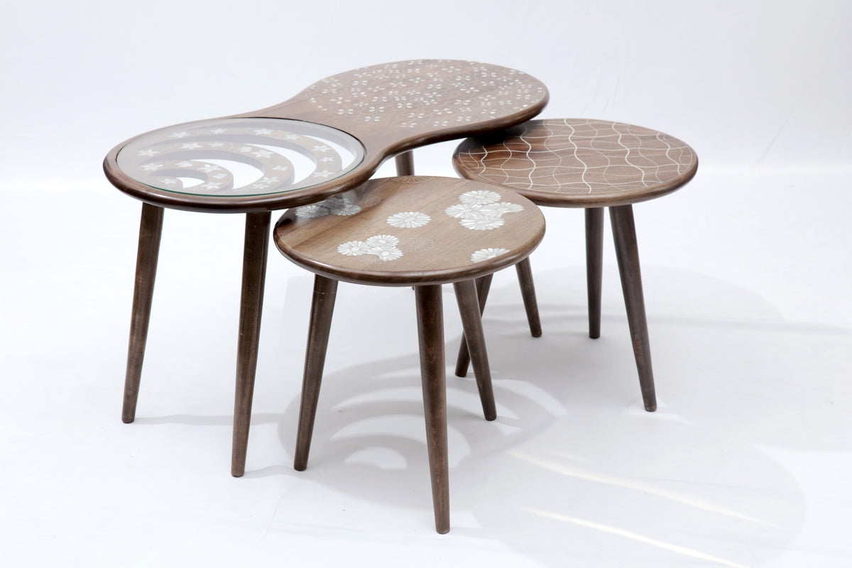 Table Set of 3pcs Solid Walnut Wood Inlay Seashell Mother Of Pearl With Tin