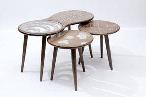 Table Set of 3pcs Solid Walnut Wood Inlay Seashell Mother Of Pearl With Tin