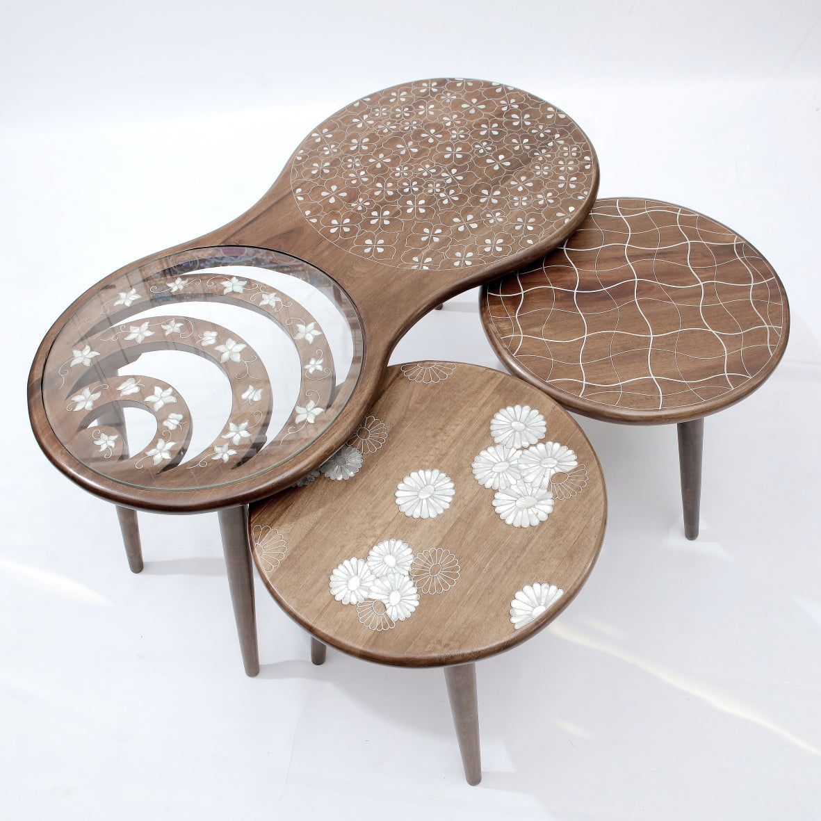 Table Set of 3pcs Solid Walnut Wood Inlay Seashell Mother Of Pearl With Tin