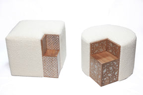 Pouf With Side Table Solid Walnut Wood Inlay Seashell Mother Of Pearl With Tin