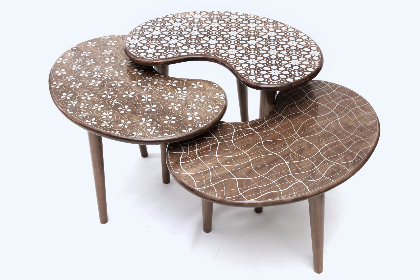 Bean Table Set of 3pcs Solid Walnut Wood Inlay Seashell Mother Of Pearl With Tin