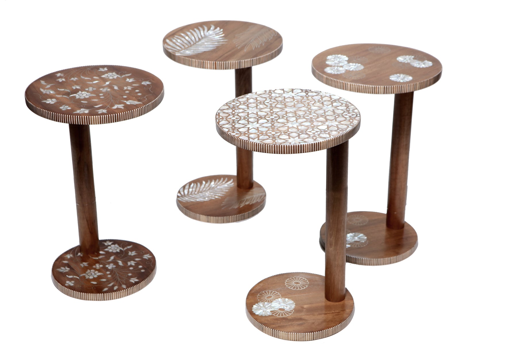 Side Table Solid Walnut Wood Inlay Seashell Mother Of Pearl With Tin On Top And Base