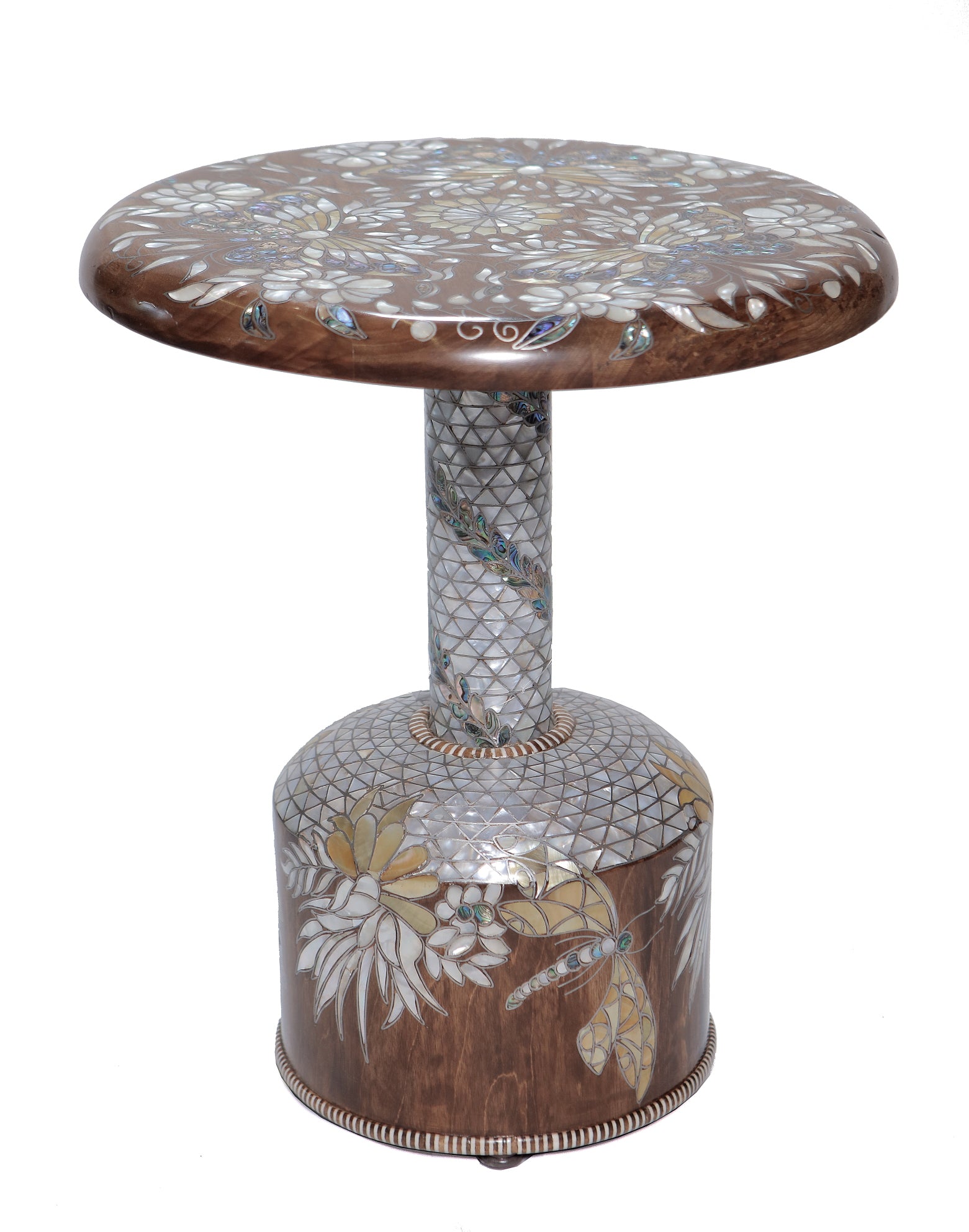 Side Table Jungle Solid Walnut Wood Inlay Seashell And Turtle shell Mother Of Pearl With Tin