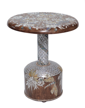 Side Table Jungle Solid Walnut Wood Inlay Seashell And Turtle shell Mother Of Pearl With Tin