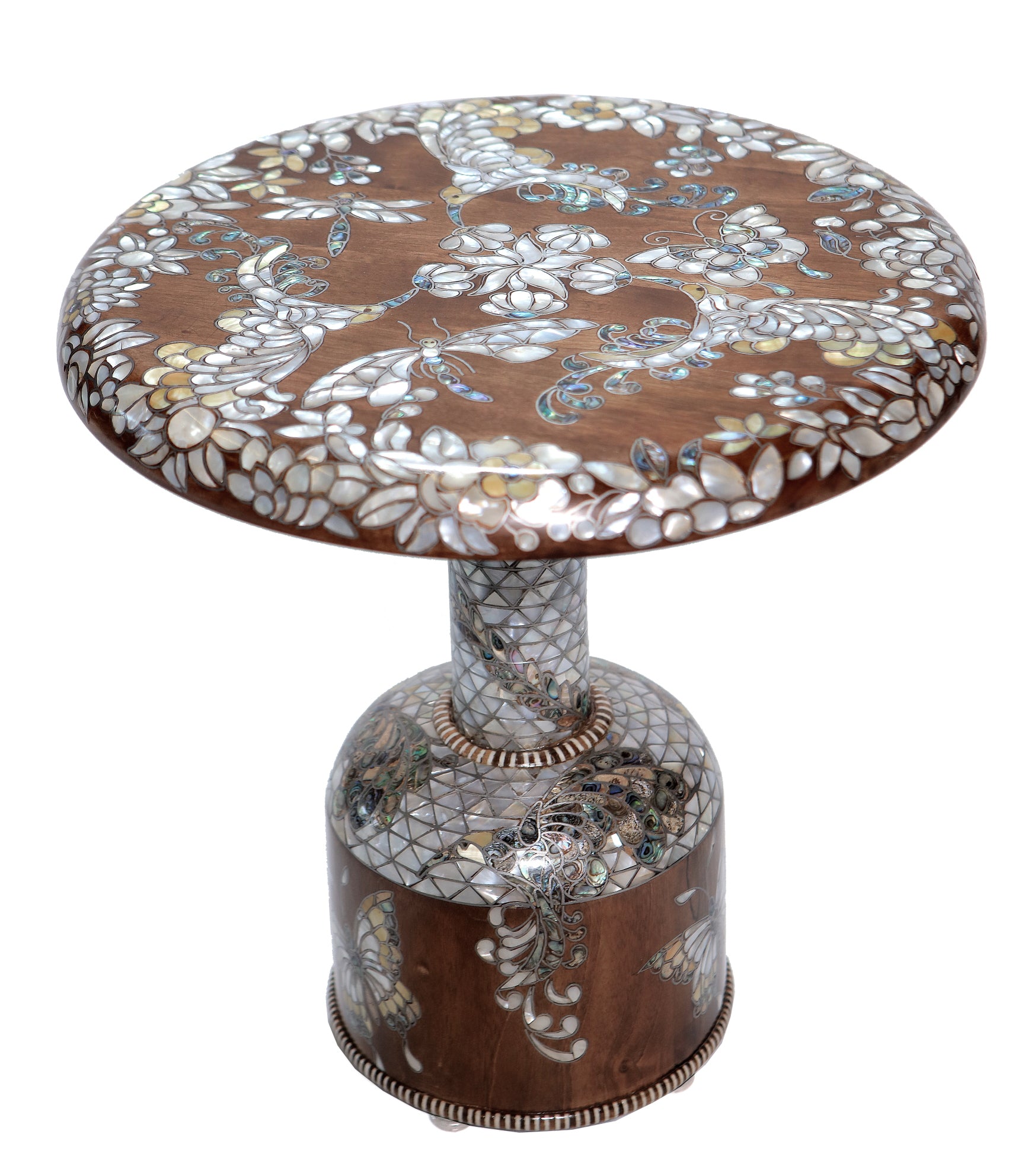 Side Table Jungle Solid Walnut Wood Inlay Seashell And Turtle shell Mother Of Pearl With Tin