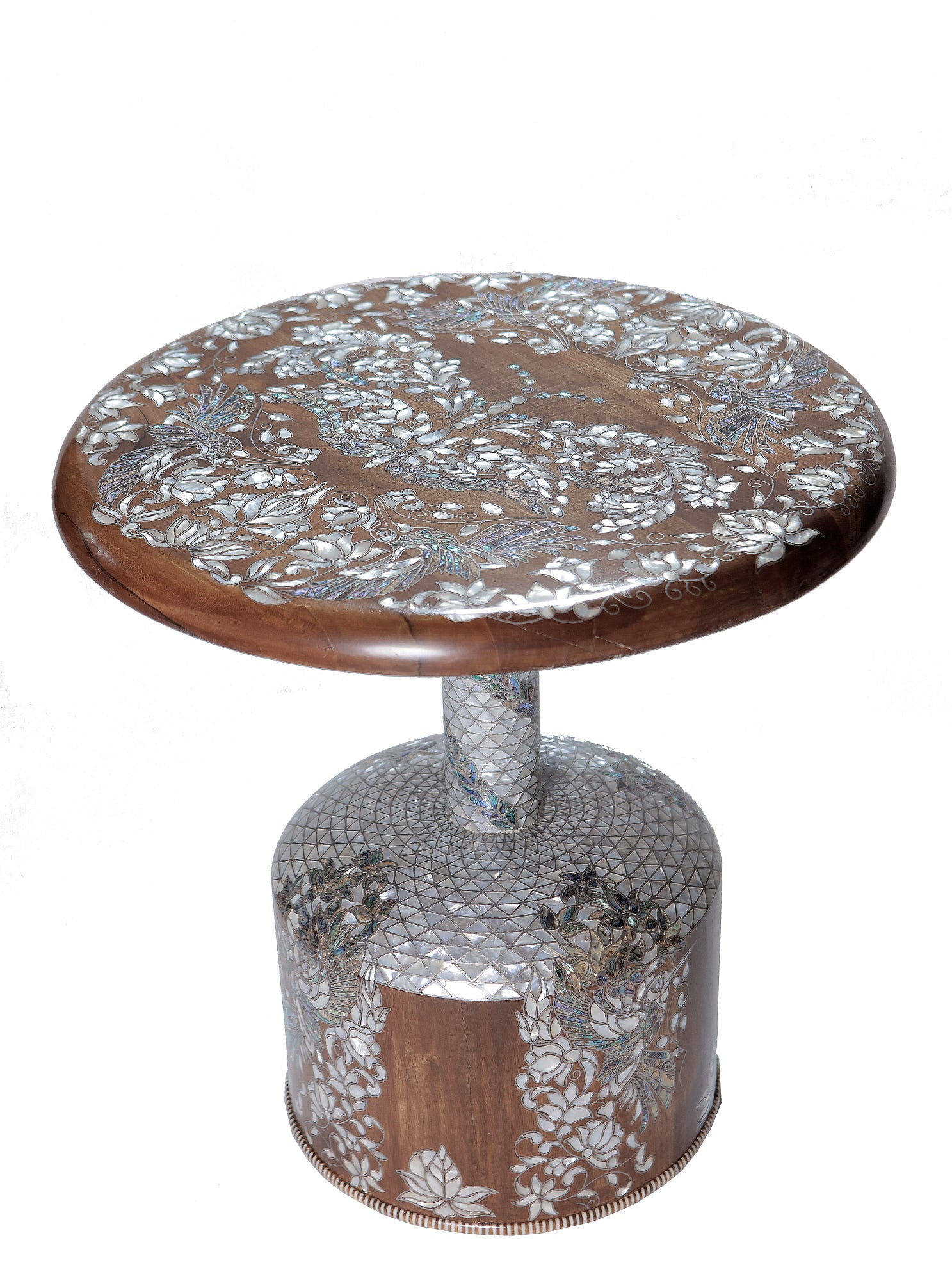 Side Table Jungle Solid Walnut Wood Inlay Seashell And Turtle shell Mother Of Pearl With Tin