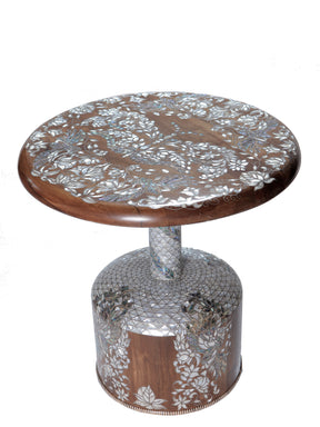 Side Table Jungle Solid Walnut Wood Inlay Seashell And Turtle shell Mother Of Pearl With Tin