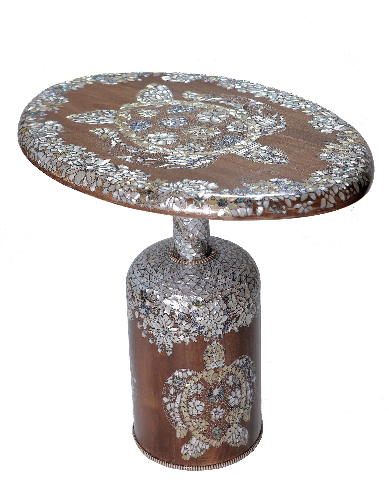 Side Table Jungle Solid Walnut Wood Inlay Seashell And Turtle shell Mother Of Pearl With Tin