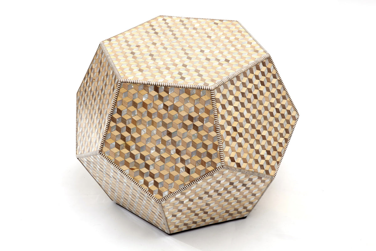 Table Base Hexagonal Wood Marquetry with Inlay Seashell Mother Of Pearl With Glass Top