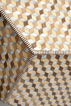 Table Base Hexagonal Wood Marquetry with Inlay Seashell Mother Of Pearl With Glass Top