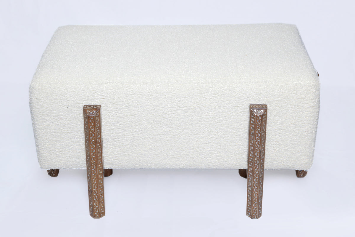 Bench Rectangular With 6 Edges Solid Walnut Wood Inlay Seashell Mother Of Pearl With Tin + Upholstery