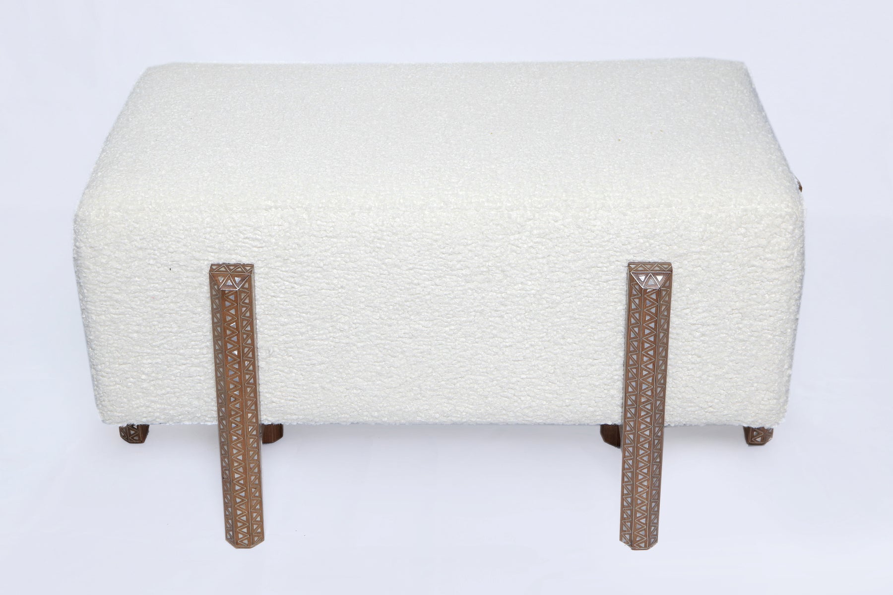 Bench Rectangular With 6 Edges Solid Walnut Wood Inlay Seashell Mother Of Pearl With Tin + Upholstery