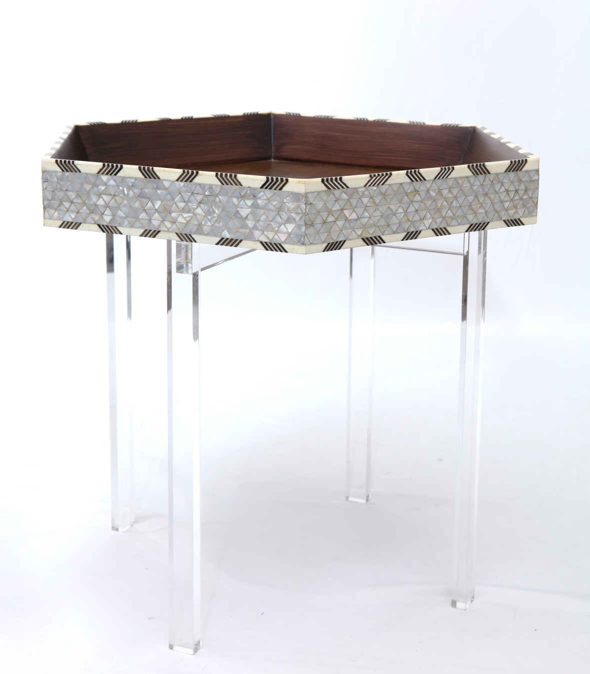 Table Tray Hexagonal Solid Walnut Wood Inlay Seashell Mother Of Pearl With Tin With Plexi Base