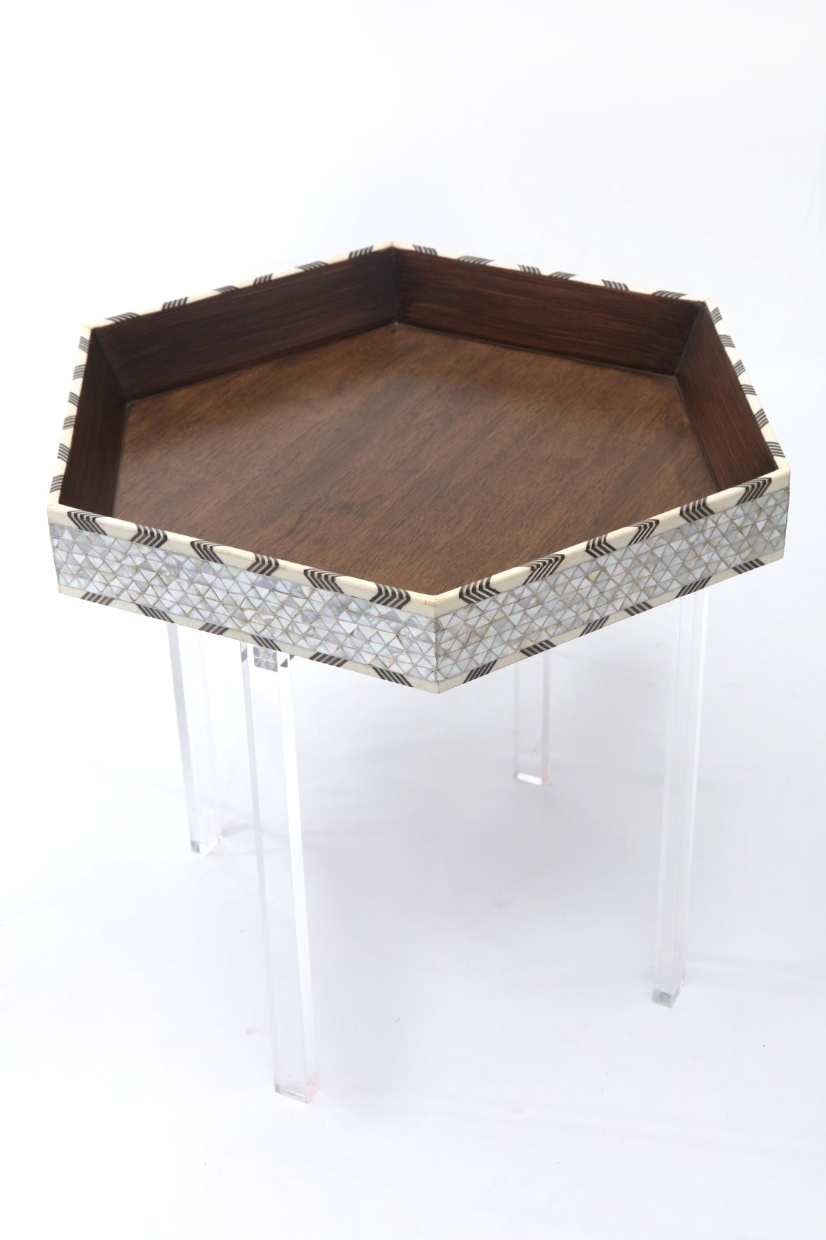 Table Tray Hexagonal Solid Walnut Wood Inlay Seashell Mother Of Pearl With Tin With Plexi Base