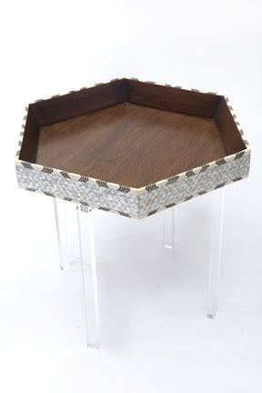 Table Tray Hexagonal Solid Walnut Wood Inlay Seashell Mother Of Pearl With Tin With Plexi Base