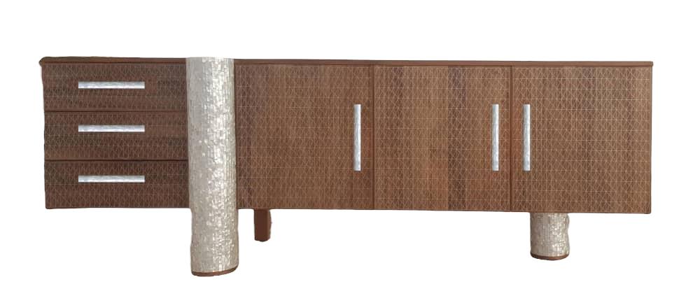 TV Cabinet Solid Walnut Wood Inlay Seashell Mother Of Pearl With Tin