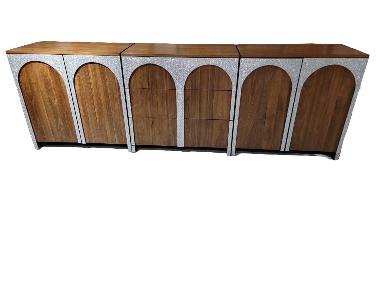 Buffet Arches Set 3 pieces Solid Walnut Wood Inlay Seashell Mother Of Pearl With Tin