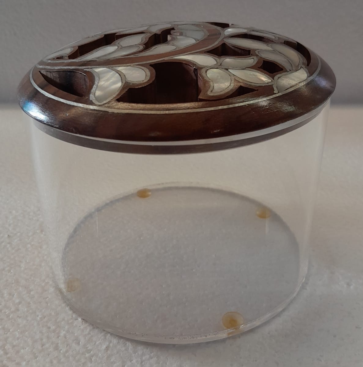 Box Round Handmade Plexi + Cover Wood with Inlay Mother of Pearl