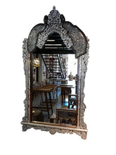 Mirror With Crown Perforated Solid Walnut Wood Inlay Seashell Mother Of Pearl With Tin + Birds
