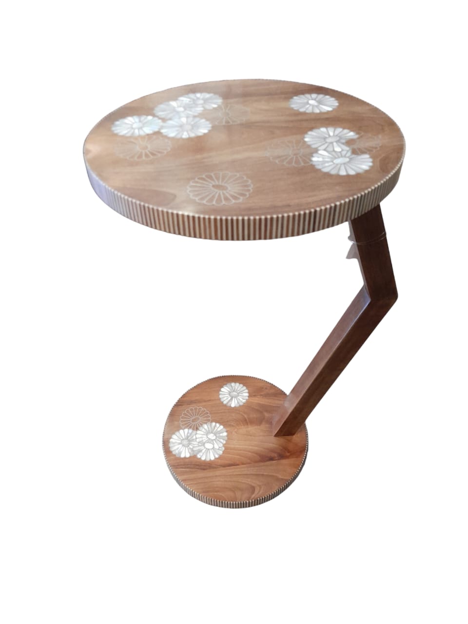 Side Table Solid Walnut Wood Inlay Seashell Mother Of Pearl With Tin On Top And Base