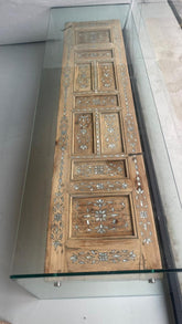 Coffee Table Glass With Antic Door Wood With Inlay Seashell Mother Of Pearl and Tin