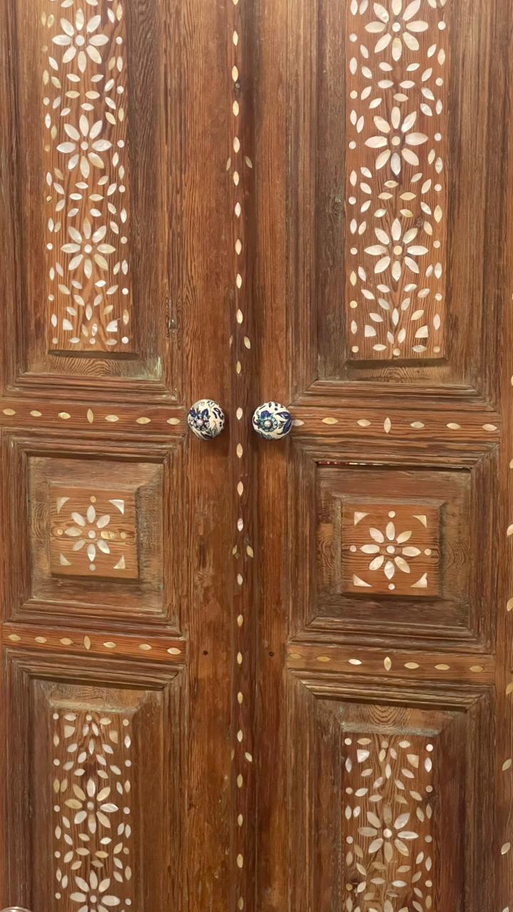 Antic Door Set Wood With Inlay Seashell Mother Of Pearl and Tin