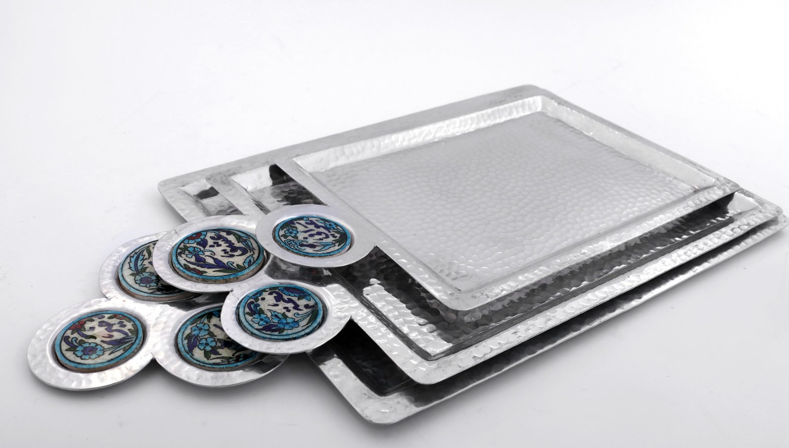 Set 3Trays Hand Hammered Aluminum with  Qishani (39*20cm) (46*26cm) (56*31cm)