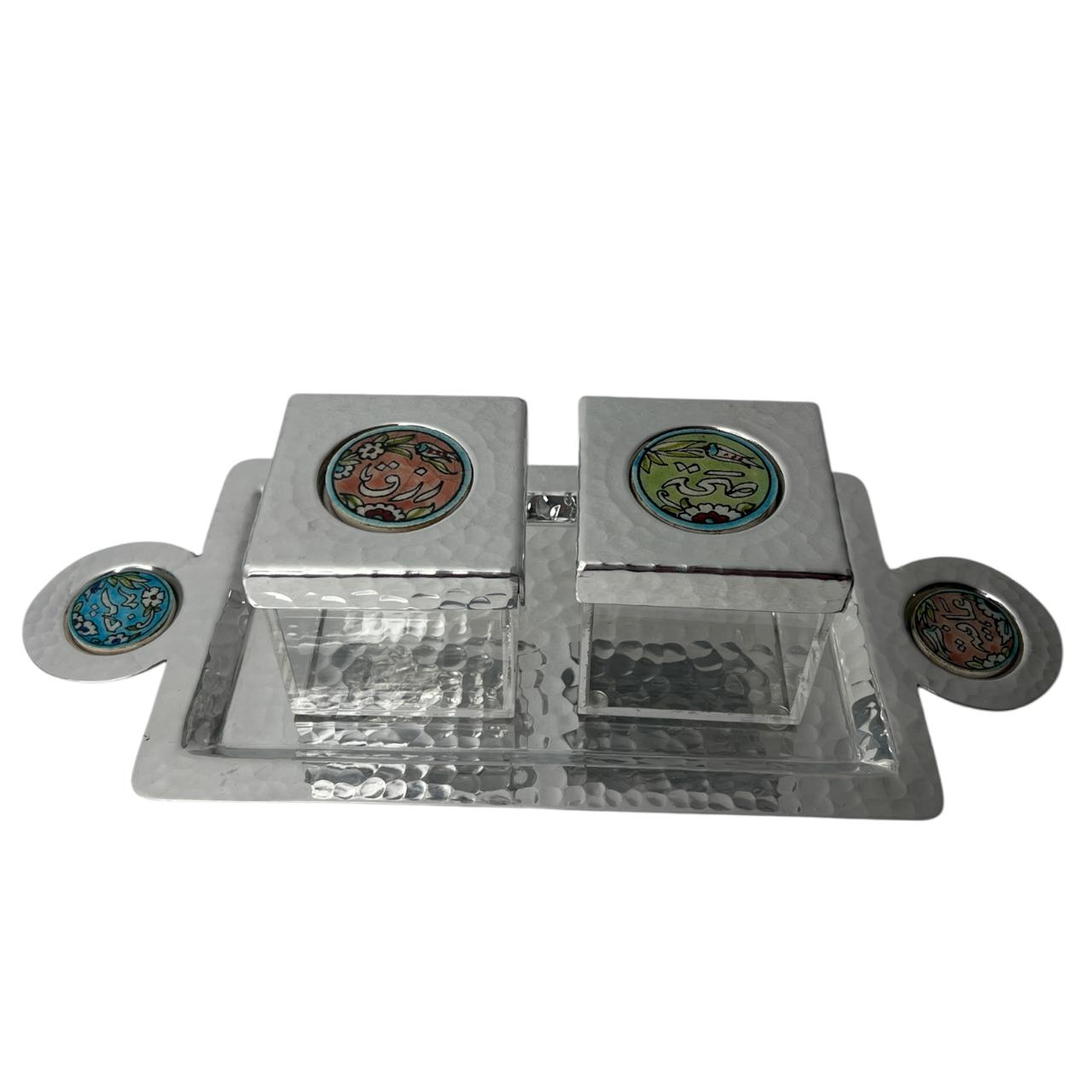 Tray Hand Hammered Aluminum with Plexi Boxes and Colored Qishani