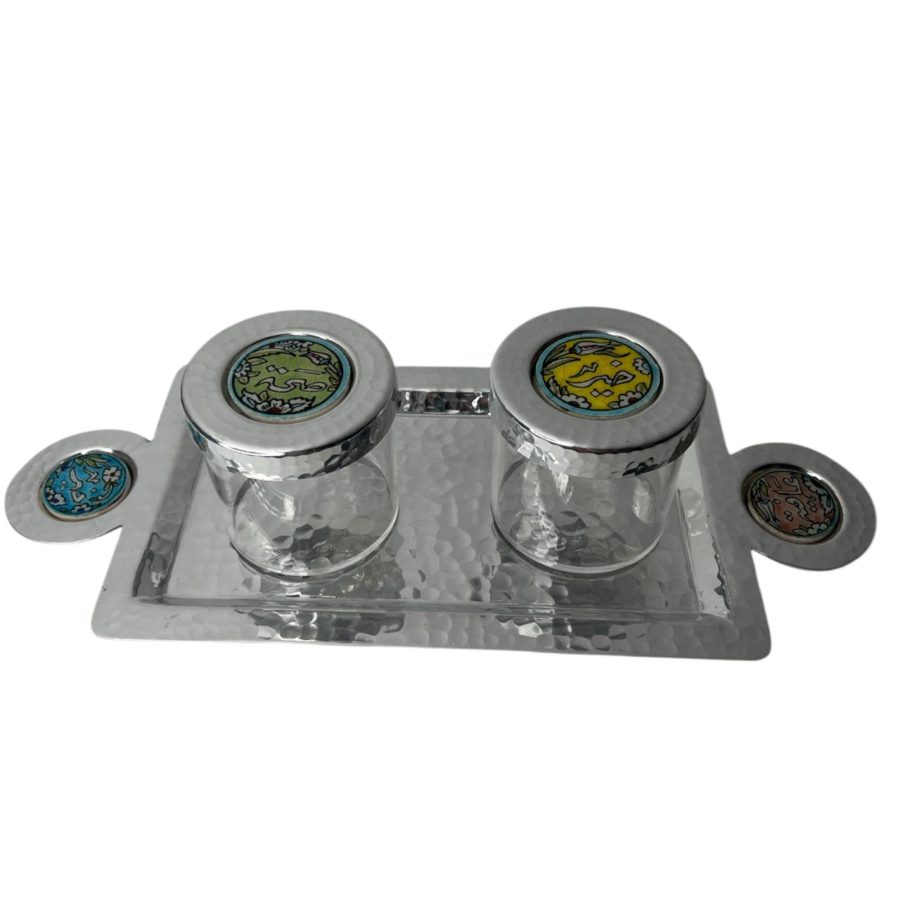 Tray Hand Hammered Aluminum with Plexi Boxes and Colored Qishani