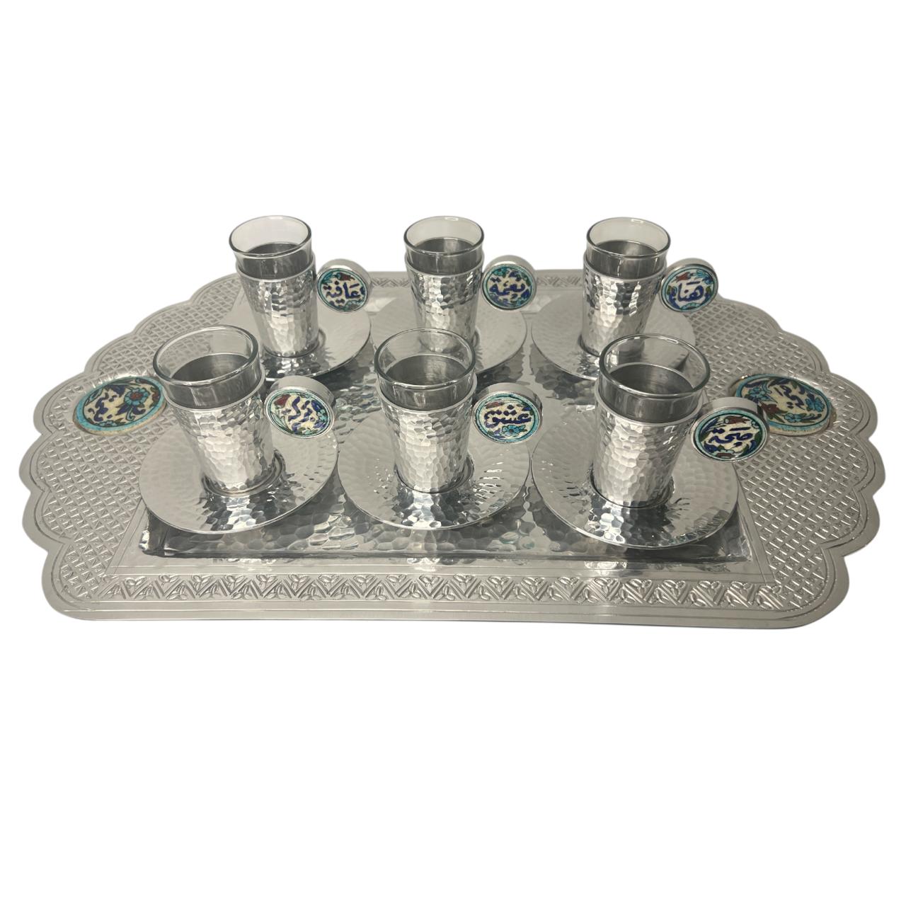 Tray Set Rectangle Crown Hand Hammered(57*27cm) With 6 Tea Cups Aluminum with Qishani