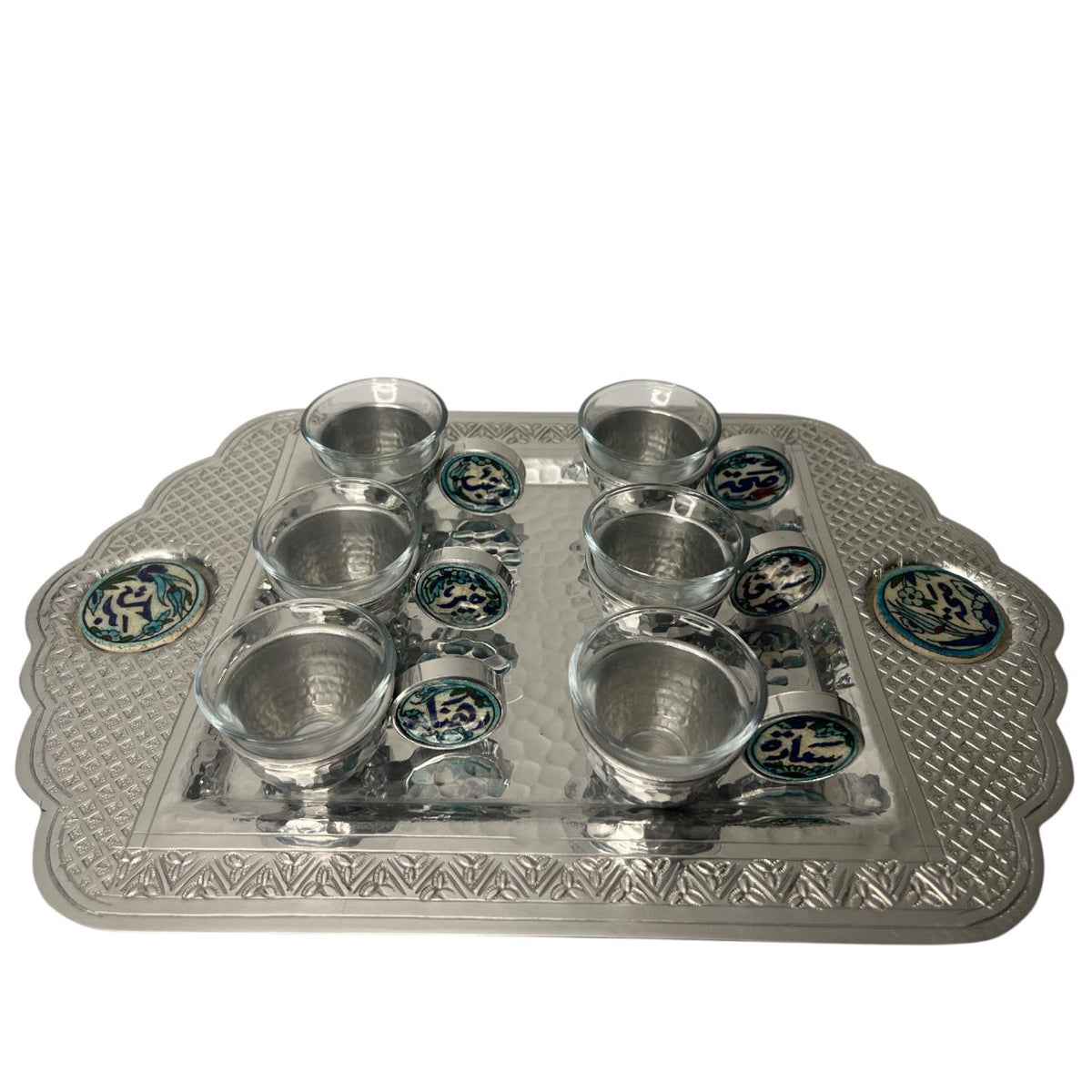 Tray Rectangle Crown Hand Hammered (41*27cm) With 6 arabic Coffee CupsAluminum with Qishan