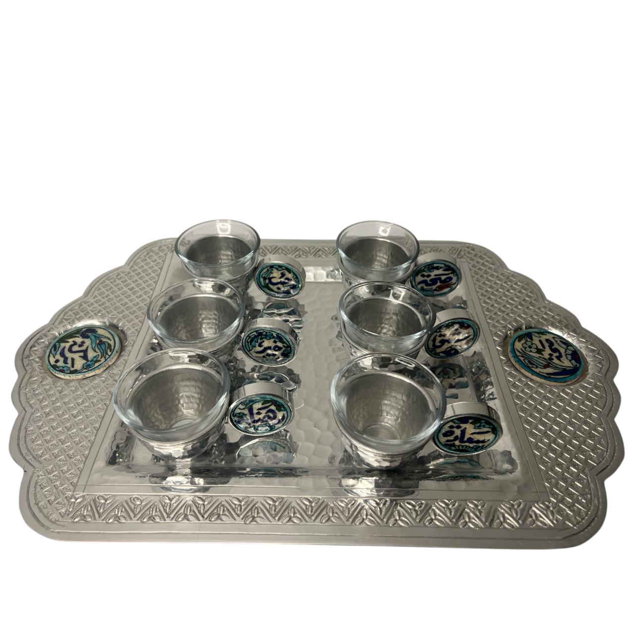 Tray Rectangle Crown Hand Hammered (41*27cm) With 6 arabic Coffee CupsAluminum with Qishan
