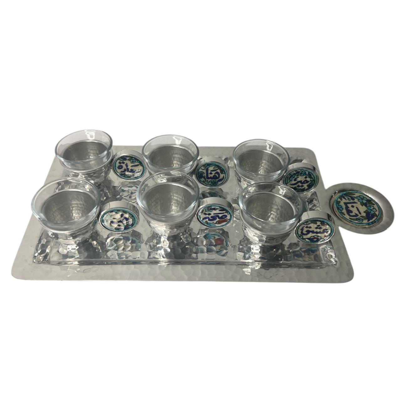 Set Tray 1 Qishani (39*20cm) with 6 Arabic Coffee cups Aluminium with Qishani