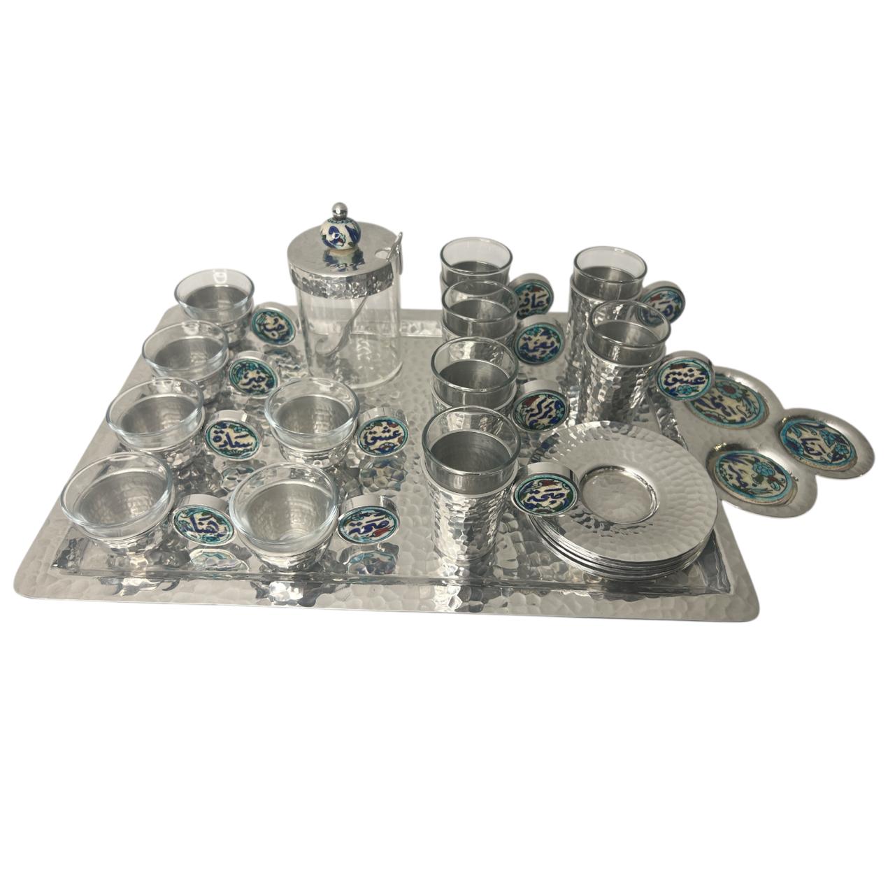 Set Tray 3 Qishani (62*42cm) With 6 Coffee Cups, 6 Tea Cups and Sugar Box with Aluminum and Qishani