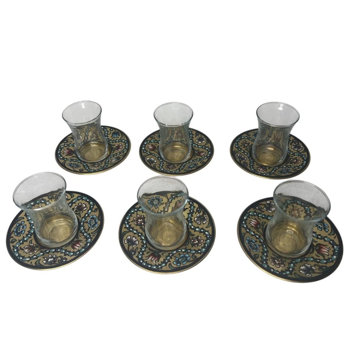Tea Glass+Plate Brass Handmade with Enamel (6PCS)