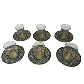 Tea Glass+Plate Brass Handmade with Enamel (6PCS)