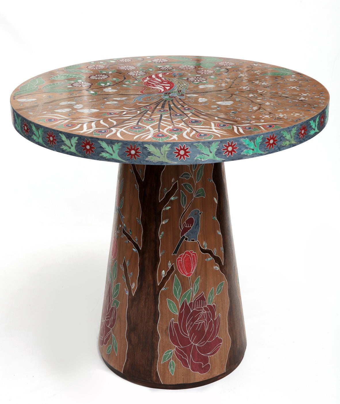 Table Round Colored Marquetry With Inlay Seashell Mother Of Pearl With Tin