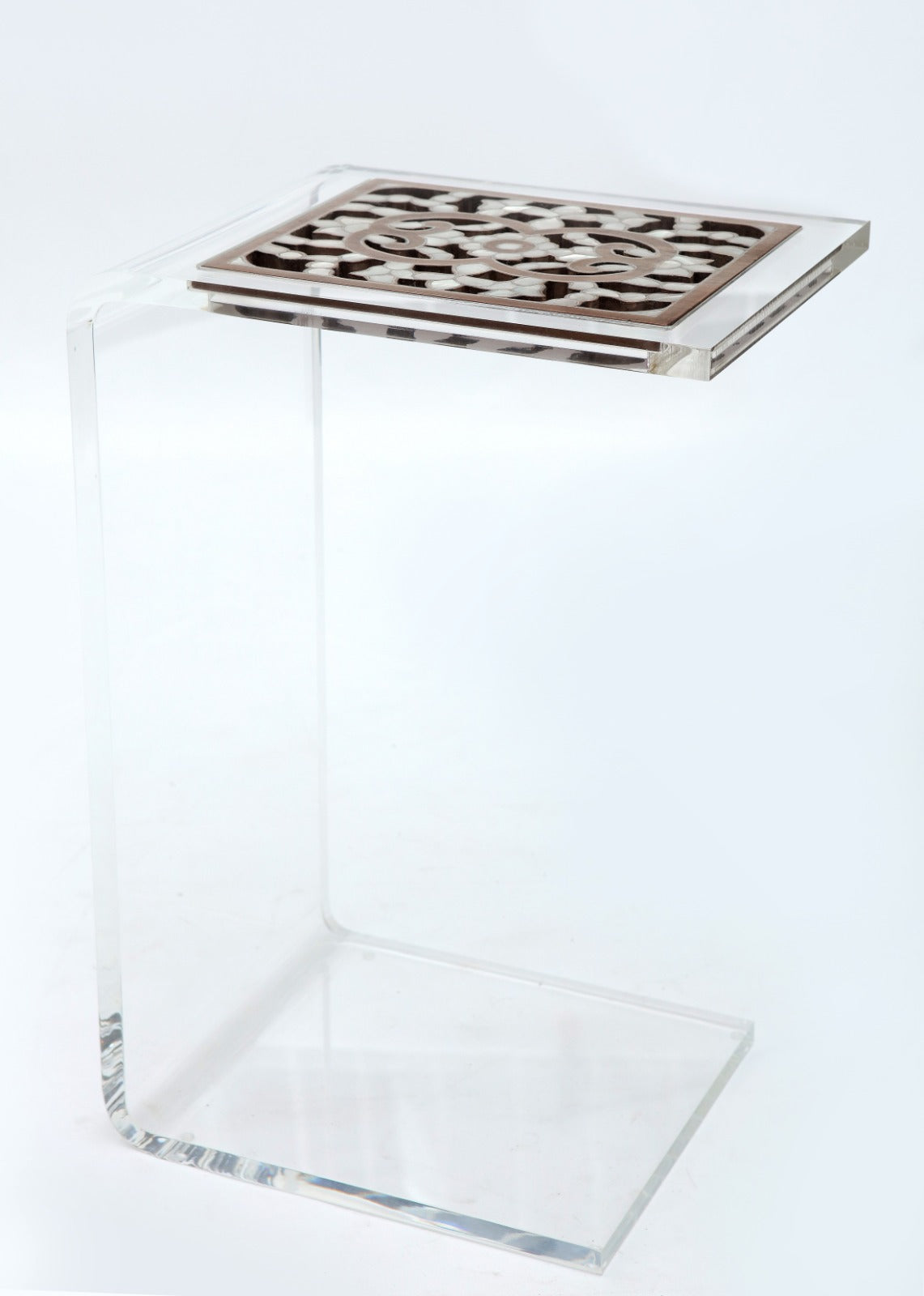 Table C Shape Top Perforated Solid Walnut Wood Inlay Seashell Mother Of Pearl With Tin And Plexi Base