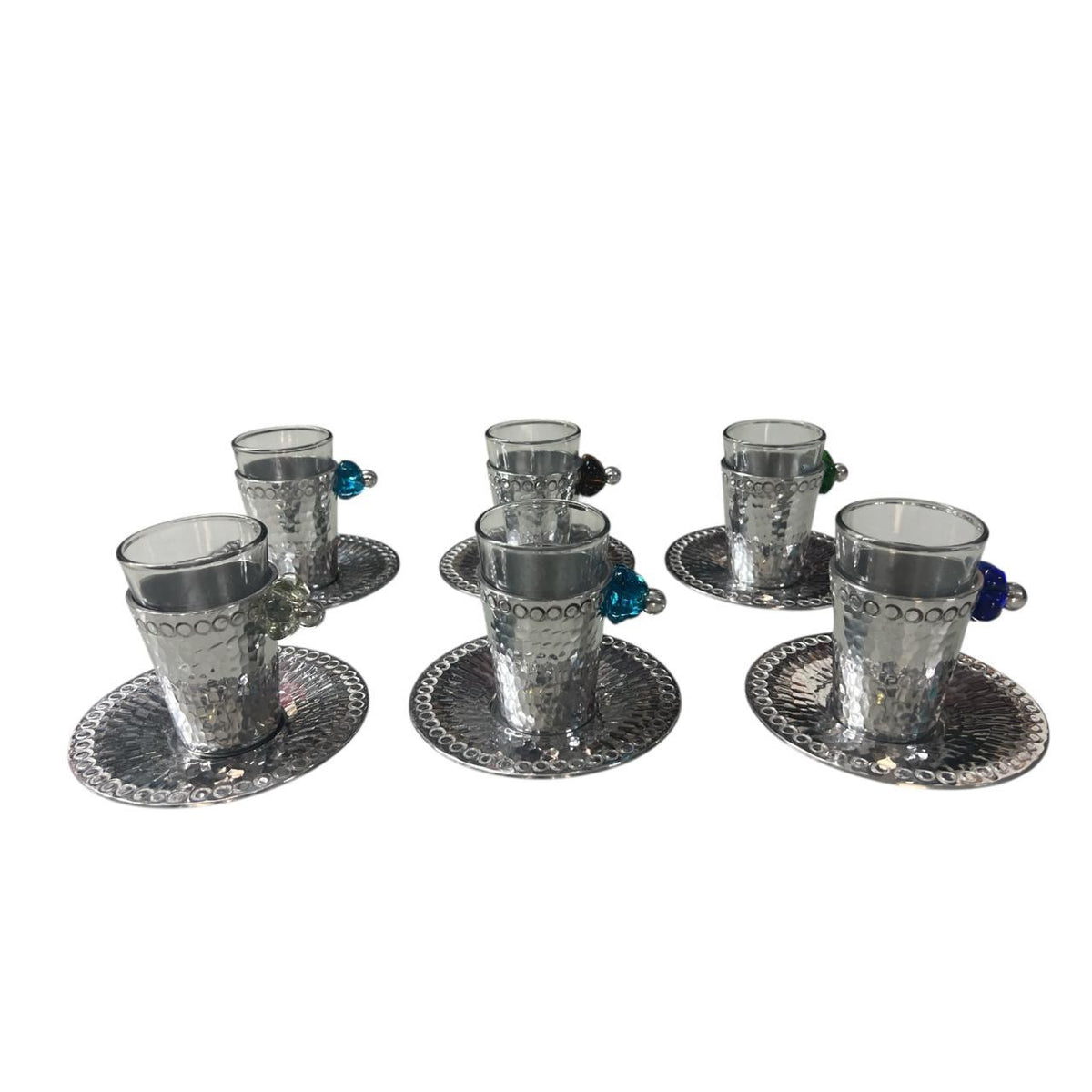 Tea Cup Hand Hammered Aluminum+Plate with Blown Glass Handle (6pcs)