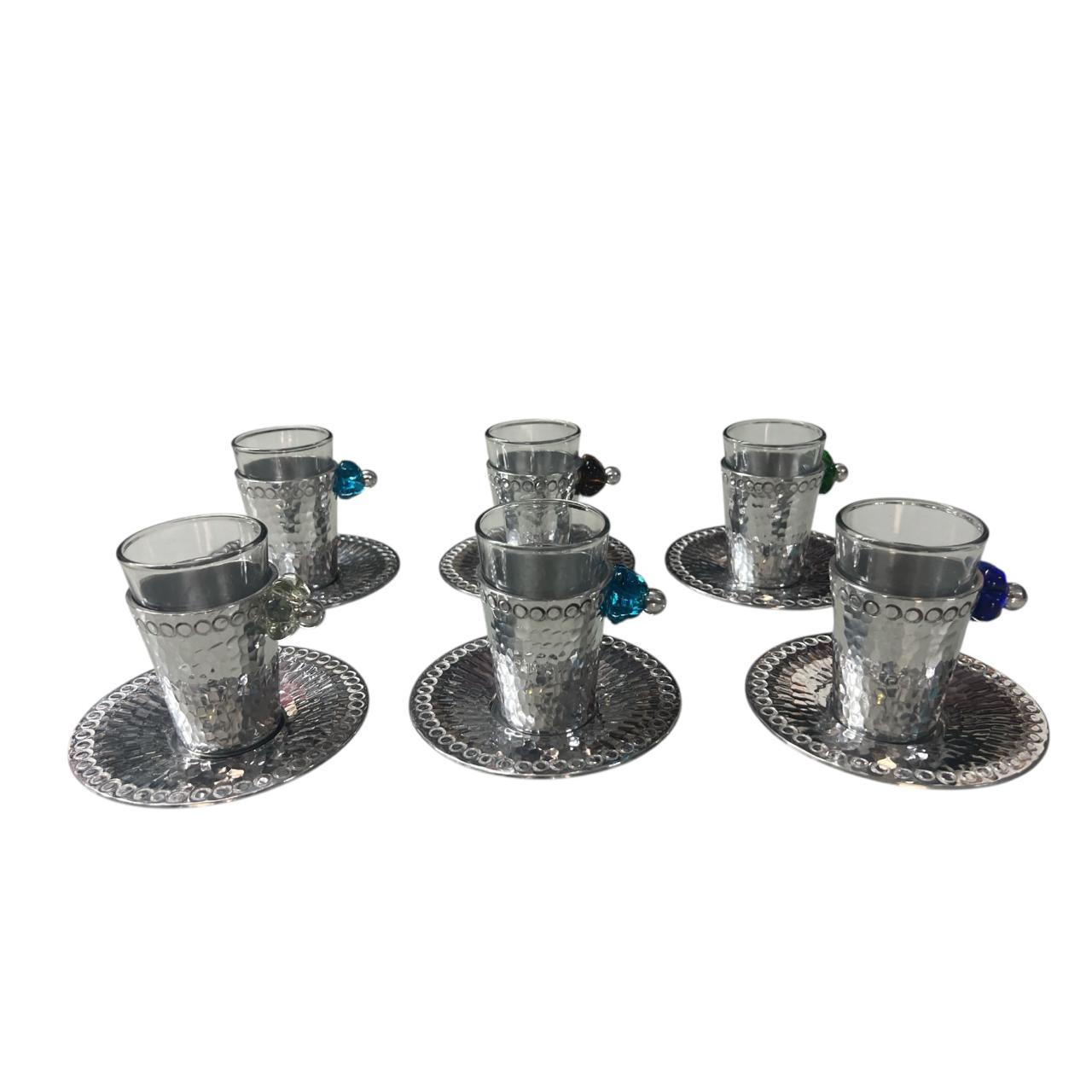 Tea Cup Hand Hammered Aluminum+Plate with Blown Glass Handle (6pcs)