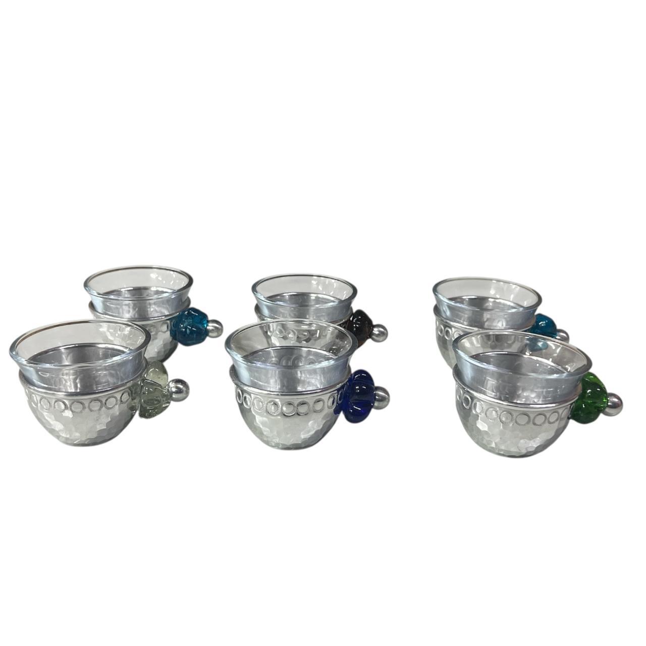 Arabic Coffee Cup Hand Hammered Aluminum+Plate with Blown Glass Handle (6pcs)