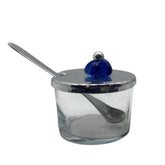 Sugar Bowl Glass with Cover Hammered Aluminium with Hand Blown Glass on Top+ Spoon