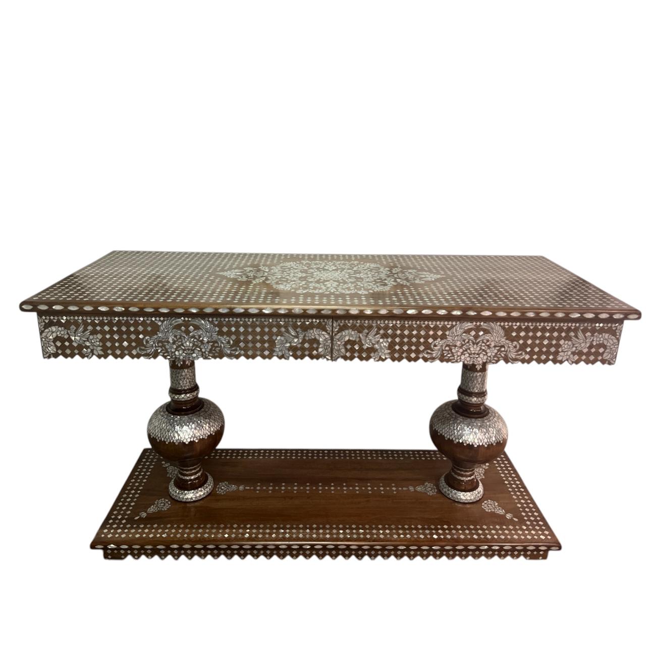 Console Solid Walnut Wood Inlay Seashell Mother Of Pearl With Tin with Two Drawers