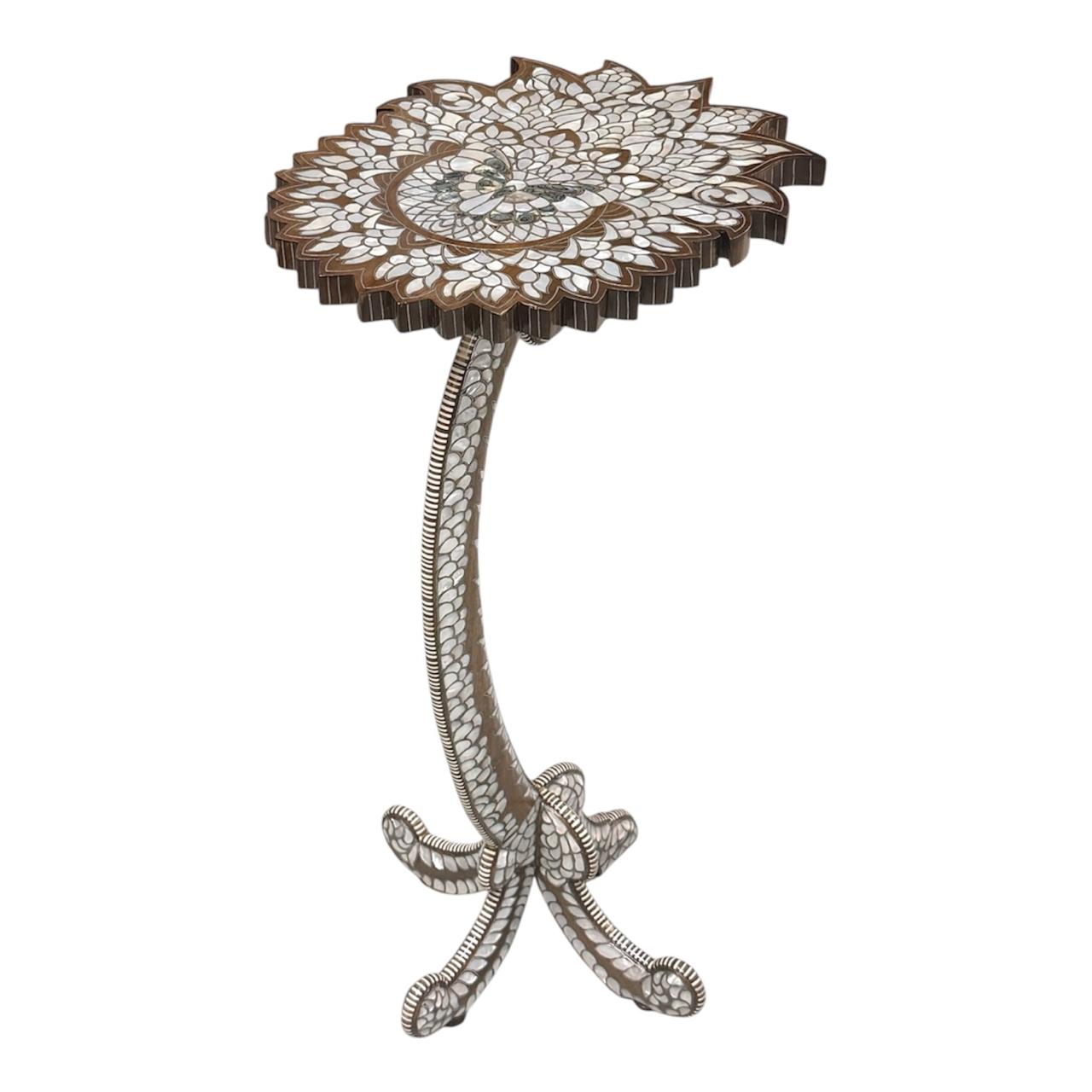 Side Table Lotus Solid Walnut Wood Inlay Seashell Mother Of Pearl With Tin