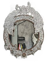 Mirror Oval Perforated Solid Walnut Wood Full Inlay Seashell Mother Of Pearl With Tin + Peacock Colored