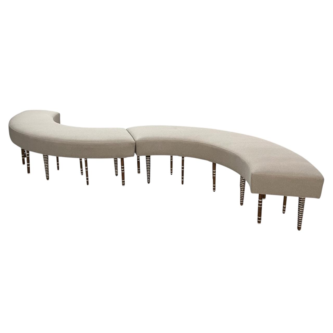 Bench Half Circle with 12 Legs Solid Walnut Wood Inlay Seashell Mother Of Pearl With Tin (190*44*51cm) /PC