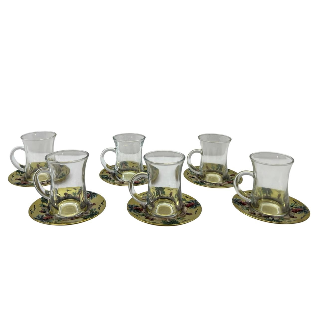 Tea Cup + Plate Brass Hand Painted Palm Mina (6pcs)