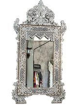 Mirror With Crown Perforated Solid Walnut Wood Inlay Seashell Mother Of Pearl With Tin