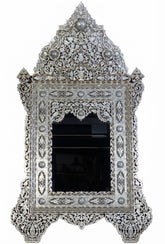 Mirror With Crown Perforated Solid Walnut Wood Inlay Seashell Mother Of Pearl With Tin
